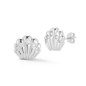 Rachel Zoe CZ Shell Stud Earrings in Rhodium Over Sterling Silver