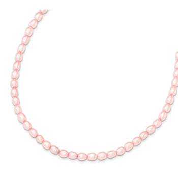 Rhodium Over Sterling Silver 4-5mm Pink Rice FWC Pearl Children's Necklace