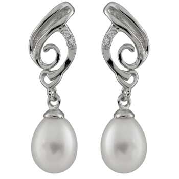 7-8mm White Cultured Freshwater Pearl and Cubic Zirconia Rhodium Over
Sterling Silver Earrings