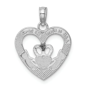 Rhodium Over 14K White Gold Polished/Textured Heart Claddagh Charm