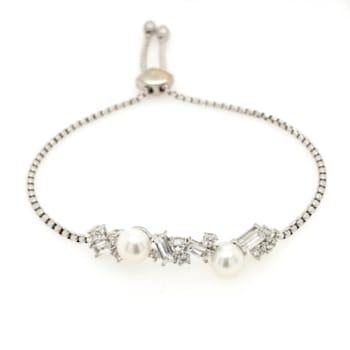 6-6.5mm Button White Freshwater Pearl and White Sapphire Sterling Silver
Bolo Bracelet