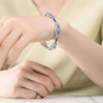 Sapphire Color CZ Oval Link Station Bracelet In Sterling Silver