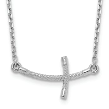 Rhodium Over 14K White Gold Small Sideways Curved Twist Cross Necklace