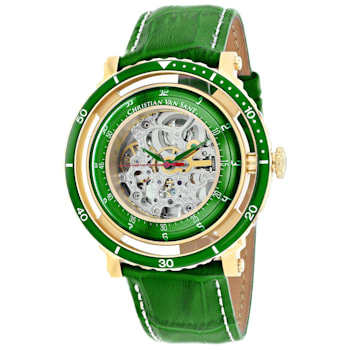 Christian Van Sant Men's Dome White Skeleton Dial, Green Bezel, Green
Leather Strap Watch