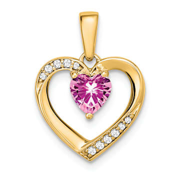 14k Yellow Gold Lab Created Pink Sapphire and Diamond Heart Pendant