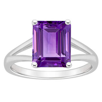 10x8mm Emerald Cut Amethyst Rhodium Over Sterling Silver Ring