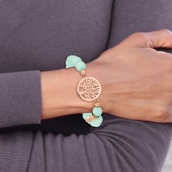 Stainless Steel Rose Gold Turtle & Tree of Life Charm Grey Jade Stretch Bracelet