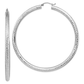 Rhodium Over 14k White Gold 2 7/8" Diamond-cut Tube Hoop Earrings