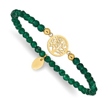Yellow Stainless Steel Polished Tree of Life Green Jade Stretch Bracelet
