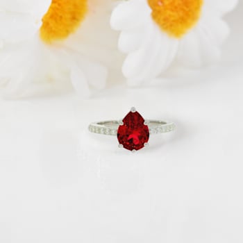 Red Lab Created Ruby with Moissanite Accents Sterling Silver Pear Shape
Teardrop Solitaire Ring