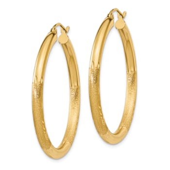 14k Yellow Gold 1 3/8" Satin and Diamond-Cut Round Hoop Earrings