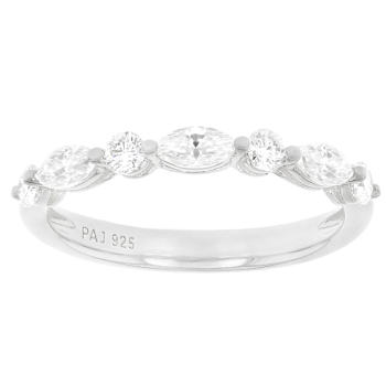 Marquise And Round Moissanite Band Ring In Platinum-Enhanced Sterling Silver