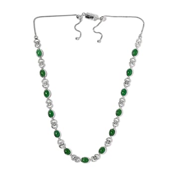 Sterling Silver Oval Green Jadeite and White Zircon Necklace 13.38ctw