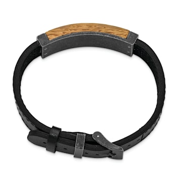 Black Leather and Stainless Steel Black IP-plated Bourbon Barrel Wood Bracelet