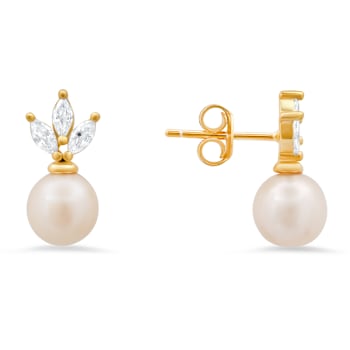 7mm Cultured Freshwater Pearl And White Cubic Zirconia 14k Yellow Gold
Over Silver Earrings 0.55ctw