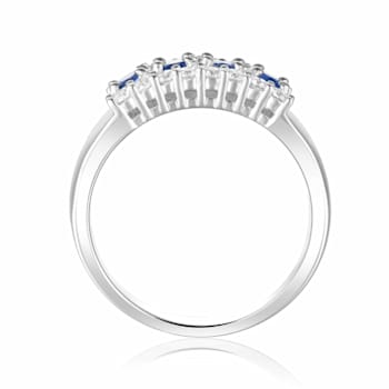 Oval Blue Sapphire and Round Moissanite Sterling Silver Wide Band Ring