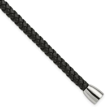 Black Leather and Stainless Steel Polished 8.5-inch Bracelet