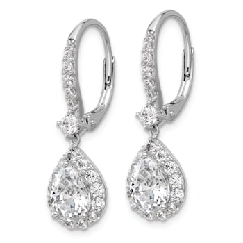 Rhodium Over Sterling Silver Pear Cubic Zirconia Halo Dangle Leverback Earrings