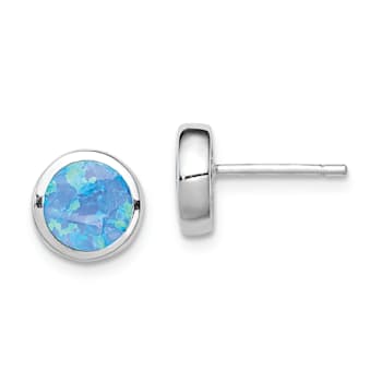 Rhodium Over Sterling Silver Polished Blue Created Opal Round Stud Earrings
