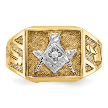 10K Two-tone Yellow and White Gold Textured Diamond Blue Lodge Masonic Ring