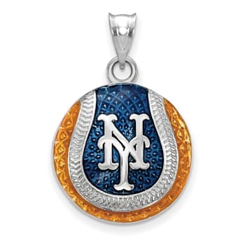 Rhodium Over Sterling Silver MLB LogoArt New York Mets Enameled Pendant