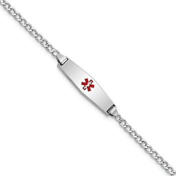 Rhodium Over 14k White Gold Medical Soft Diamond Shape Red Enamel Cuban
Link ID Bracelet