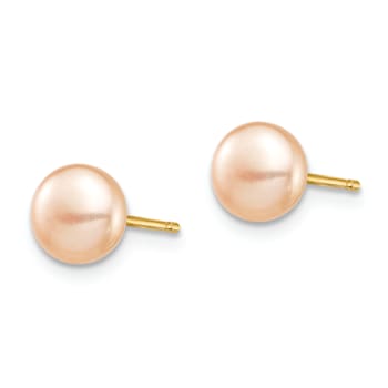 14k Yellow Gold 6-7mm Pink Button Freshwater Cultured Pearl Stud Earrings