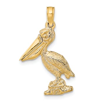 14k Yellow Gold Textured Standing Pelican with Moveable Mouth Pendant