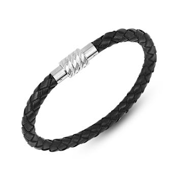 Mens Black Leather Braided Rope Bracelet with Stainless Steel Magnetic Closure