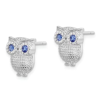 Rhodium Over Sterling Silver Blue Glass Owl Post Earrings