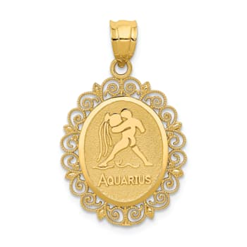 14k Yellow Gold Solid Satin, Polished and Textured Aquarius Zodiac Oval Pendant