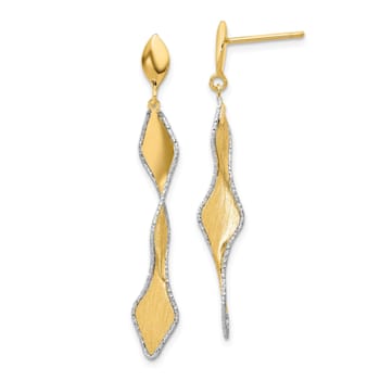 14K Yellow Gold and White Rhodium Polished and Satin Post Dangle Earrings
