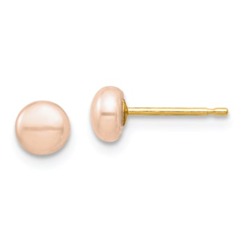 14k Yellow Gold 4-5mm Pink Button Freshwater Cultured Pearl Stud Earrings