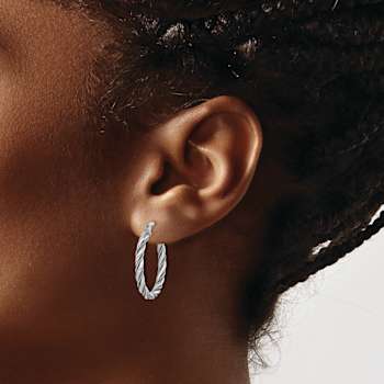 Rhodium Over Sterling Silver Textured 2.5x25mm Twisted Hoop Earrings