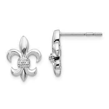 Rhodium Over 14k White Gold Diamond Fleur De Lis Stud Earrings