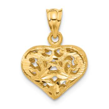 14k Yellow Gold Polished and Brushed 3D Filigree Puffed Heart Pendant