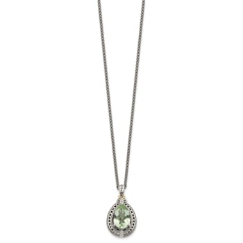 Sterling Silver Antiqued with 14K Accent Diamond and Green Quartz Necklace