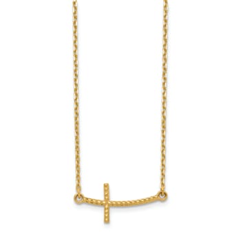 14K Yellow Gold Sideways Curved Textured Cross Necklace