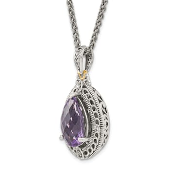 Sterling Silver Antiqued with 14K Accent Diamond and Amethyst Necklace