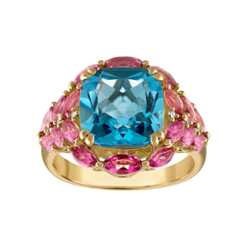 Swiss Blue and Pink Topaz with Diamonds 14K Yellow Gold Plated Sterling
Silver Ring 7.52ctw