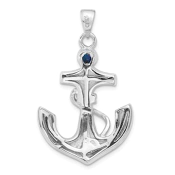 Rhodium Over Sterling Silver Blue Lab Created Opal Anchor Pendant