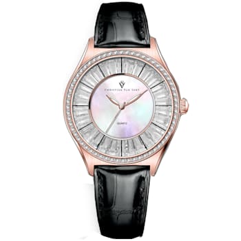 Christian Van Sant Women's Luna White Dial, Black Leather Strap Watch