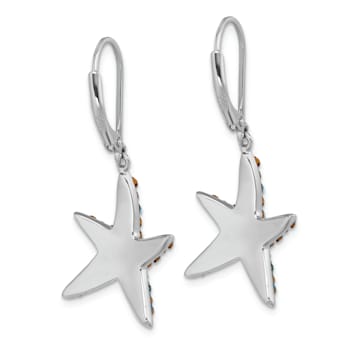 Rhodium Over Sterling Silver Polished Crystal Starfish Leverback Earrings