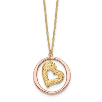 14K Two-tone Fancy Link Diamond-cut Heart in Open Circle Necklace
