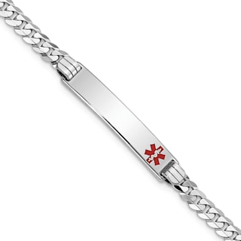 Rhodium Over 14k White Gold Medical Red Enamel Flat Curb Link ID Bracelet