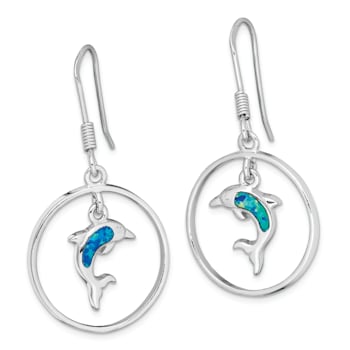 Rhodium Over Sterling Silver with Lab Created Opal Dolphin Dangle Earrings