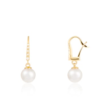 White Cultured Akoya Pearl 14k Yellow Gold Earrings 7-7.5mm