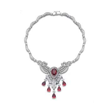 Ruby Red Cubic Zirconia, Rhodium Plated Over Sterling Silver Teardrop Necklace