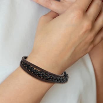 Black and Brown Leather and Stainless Steel Brushed Black IP Plated
Multi Strand Bracelet