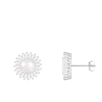6.5-7mm White Cultured Freshwater Pearl Rhodium Over Sterling Silver Earrings